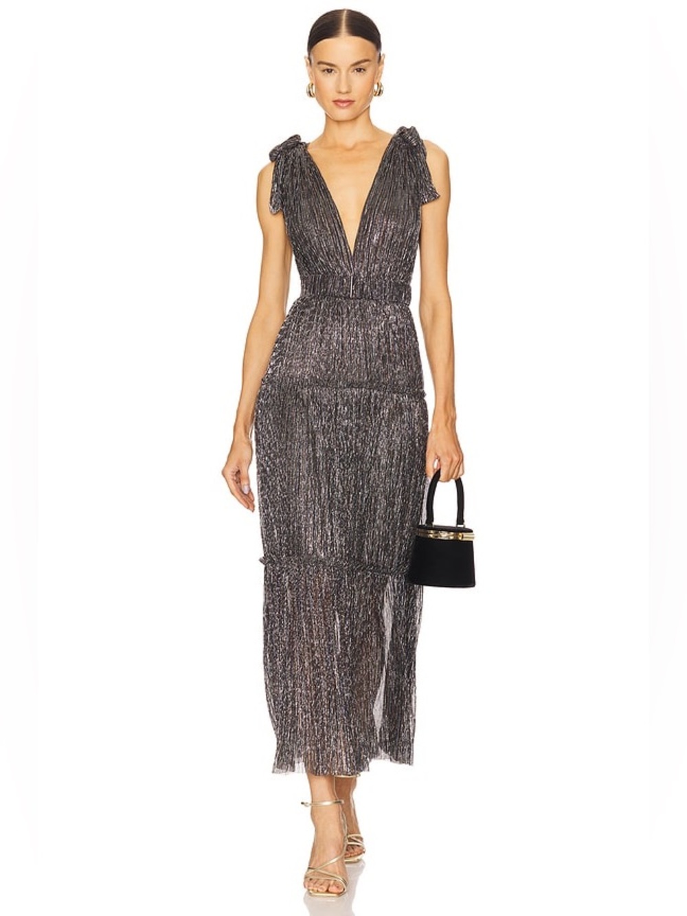 Sabina Musaveu Metallic Black Maxi Dress with Tie-Strap Shoulders